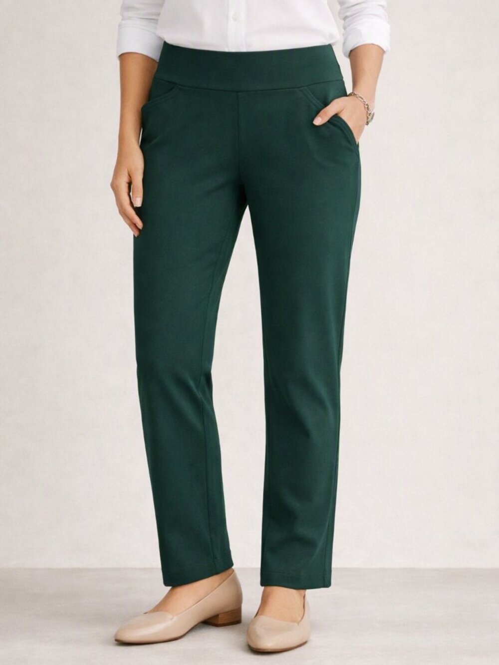 Chico’s Slimming Perfect Stretch Pants | Forest Green Straight‑Leg | Size 1.5 R